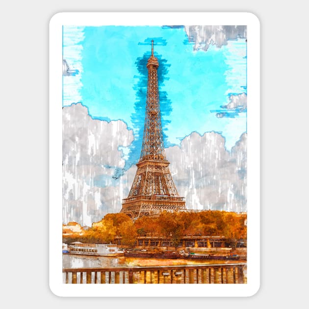 Vintage Eiffel Tower Autumn Canal Sketch. For Eiffel Tower & Paris Lovers. Sticker by ColortrixArt